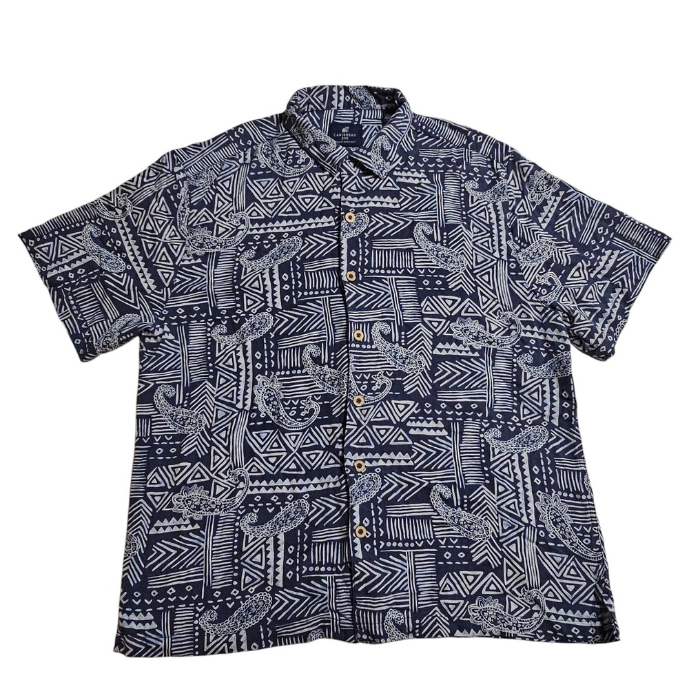 Caribbean Joe 100% Silk Hawaiin Shirt Blue Short Sleeve‎ Paisley Print XL